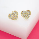 18K Gold Filled Heart Stud Earrings With Round CZ Stones (L98)