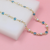 18K Gold Filled Pearl Light Blue Evil Eye Link Necklace (G204)