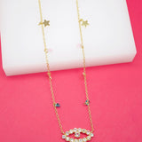 18K Gold Filled Evil Eye Pendant With Clear And Multi Color CZ Stones and Rolo Chain Necklace