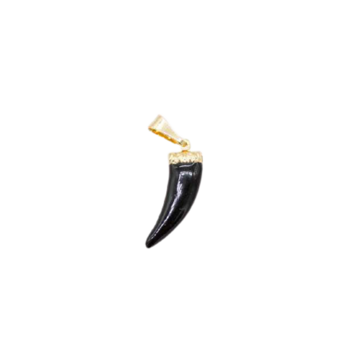 A sleek black horn pendant features a gold cap and bail on a clean white background.