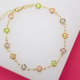 18K Gold Filled Four Leaf Clover Multi-Color CZ Charm Bracelet (I151)
