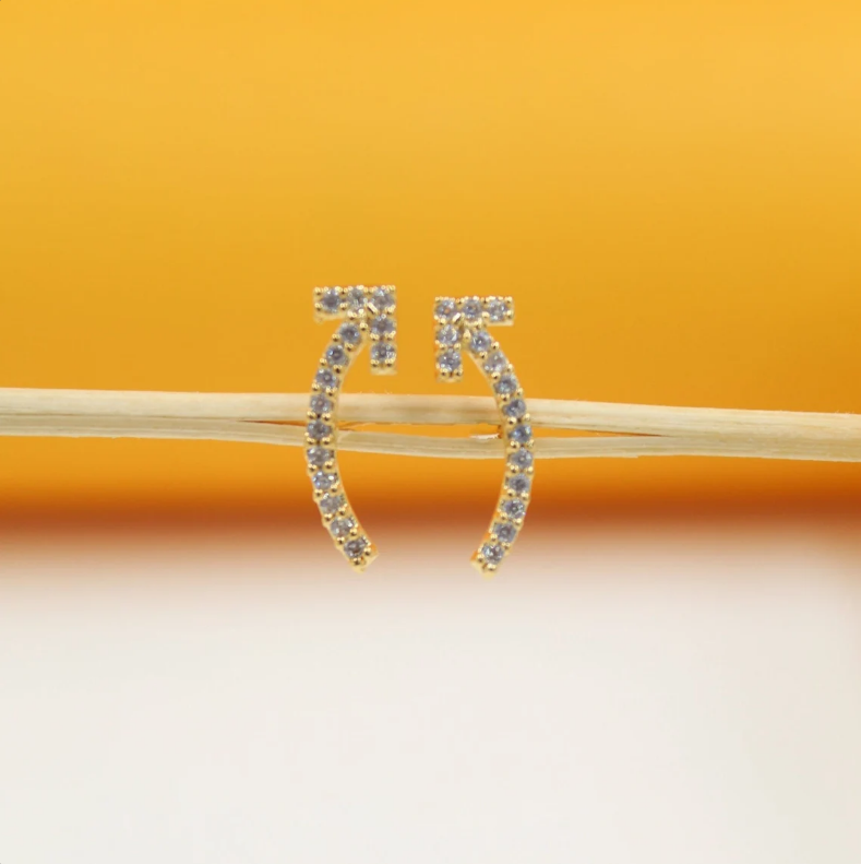 A pair of gold horseshoe-shaped crawler earrings encrusted with sparkling cubic zirconia stones rests delicately on a thin wooden stick against a warm gradient background.
