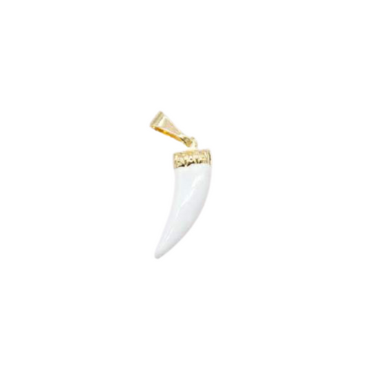 A glossy white horn pendant with a gold cap and bail hangs against a plain background.