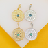 Four round metal pendant charms featuring intricate geometric patterns and turquoise stones rest on a white display stand against a vibrant yellow background.