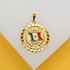 A round gold pendant featuring an enameled Mexican flag rests against a white and yellow background.