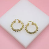 18K Gold Filled Cuban Style Latch Back Hoop Earrings With Round Zirconia Stones (K60)