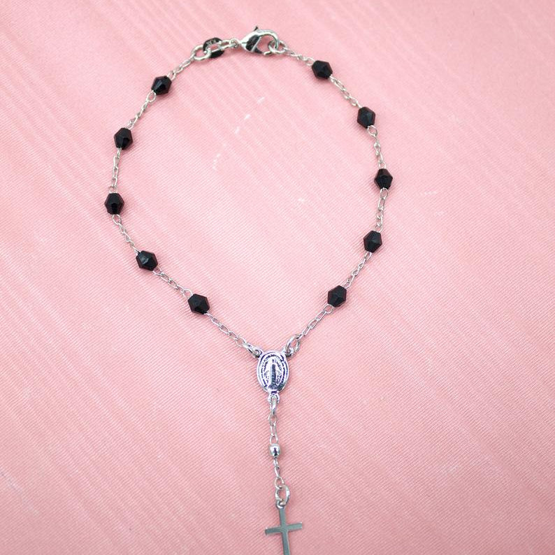 Gold Filled Cross and Virgin Mary Charm Bracelet with Black Beads (I226A)