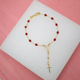 Gold Filled Cross and Virgin Mary Charm Bracelet with Red Beads (I226A)