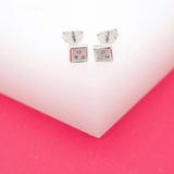 18K Rhodium Filled Square Stud With Three CZ Stone Stud Earrings