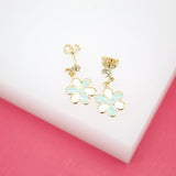 18K Gold Filled Dangle Flower Stud Earrings With CZ Stone (L38)
