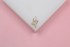 A gold palm tree charm embellished with sparkling cubic zirconia stones rests delicately on a white display surface against a soft pink background.