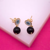 18K Gold Filled Blue Evil Eye Studs With Dangle Black Bead