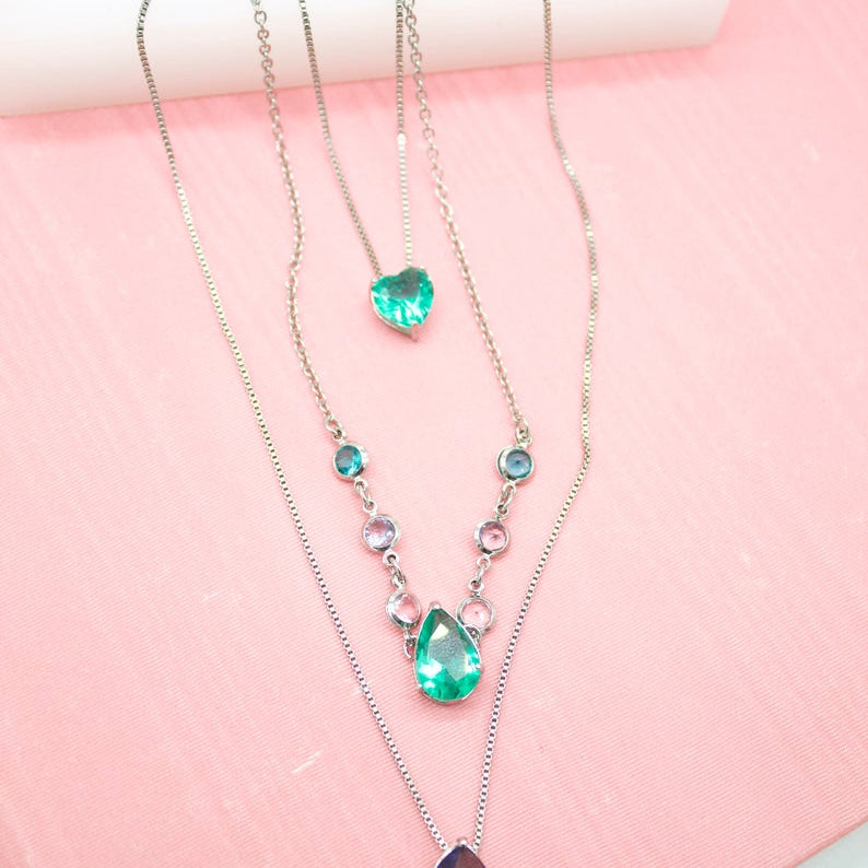 18K Gold Filled Multi Color Tear Drop Gemstone Crystal With A Dainty Box Chain Necklace (G165)