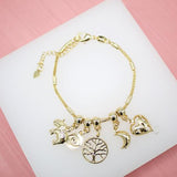 18K Gold Filled Evil Eye, Tree Of Life, Moon, Heart, Elephant, Evil Eye Charms Bracelet (I157)