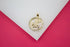 A gold Capricorn zodiac pendant sparkles with CZ crystals set in a circular frame against a white and pink background.