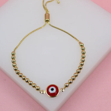 18K Gold Filled Enamel Evil Eye Charm Gold Beads Adjustable Bracelet (I439)