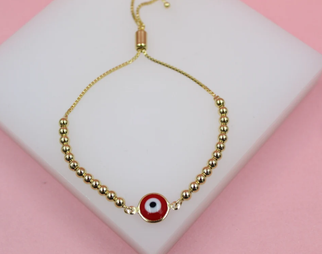 18K Gold Filled Enamel Evil Eye Charm Gold Beads Adjustable Bracelet (I439)