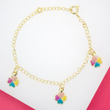 18K Gold Filled Enamel Four Leaf Clover Charm Curb Bracelet