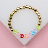 18K Gold Filled 6mm Gold Bead Bracelet With Smiley Happy Face Charms (I428)