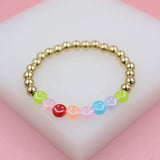 18K Gold Filled 6mm Gold Bead Bracelet With Smiley Happy Face Charms (I428)