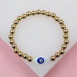 18K Gold Filled 6mm Gold Bead Bracelet With Madre Pearl Evil Eye Charm (I429)