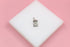 A silver rectangular lion pendant rests on a white display block against a pink background.