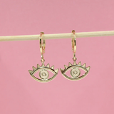 18K Gold Filled Dangle Outlined Evil Eye Charm Lever Back Earrings