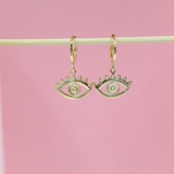 18K Gold Filled Dangle Outlined Evil Eye Charm Lever Back Earrings