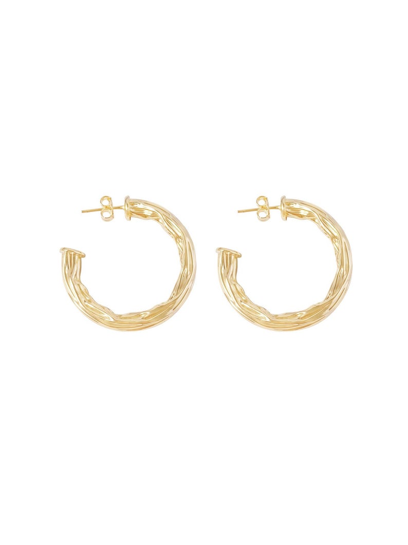 A pair of textured gold hoop earrings displays a shiny, twisted metal design against a plain white background.