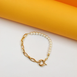 18K Gold Filled Pearl Bracelet | Paperclip Chain Bracelet | Pearl Bracelet | Half Gold Half Pearl Bracelet (I146)