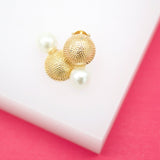 18K Gold Filled Textured Ball Studs With Synthetic Pearl Earrings