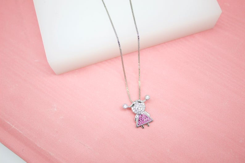 18K Gold Filled Boy & Girl Pendant With CZ Clear Stones Dainty Delicate Box Chain Necklace (G159)