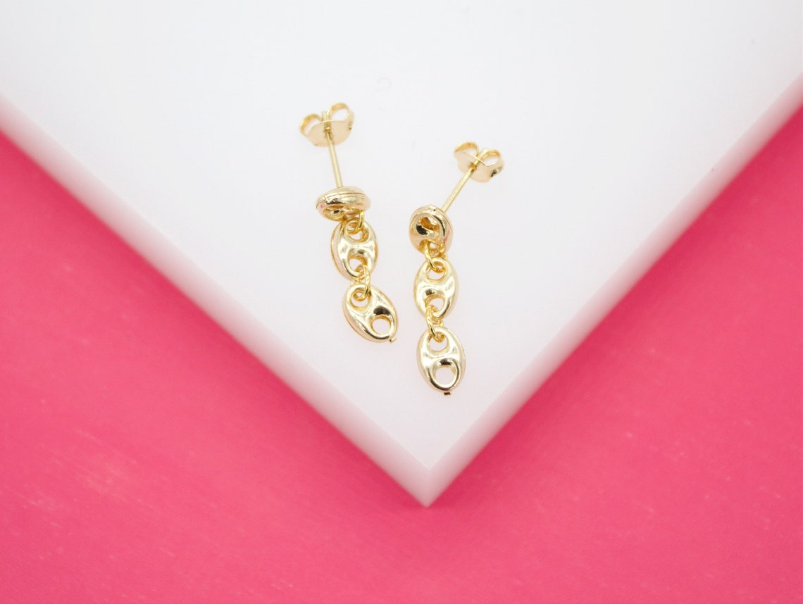 18K Gold Filled Dangle Triple Puffy Mariner Earrings (L52)