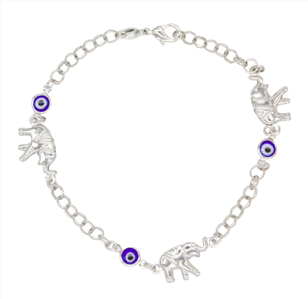 A silver chain bracelet features alternating charms of protective blue evil eye beads and detailed silver elephants against a clean white background.