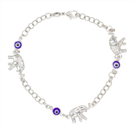 A silver charm bracelet features alternating silver elephants and blue evil eye beads along a delicate chain.