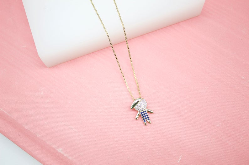 18K Gold Filled Boy & Girl Pendant With CZ Clear Stones Dainty Delicate Box Chain Necklace (G159)