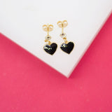 18K Gold Filled Enamel Heart Dangle Stud Earrings With CZ Stone (L35)