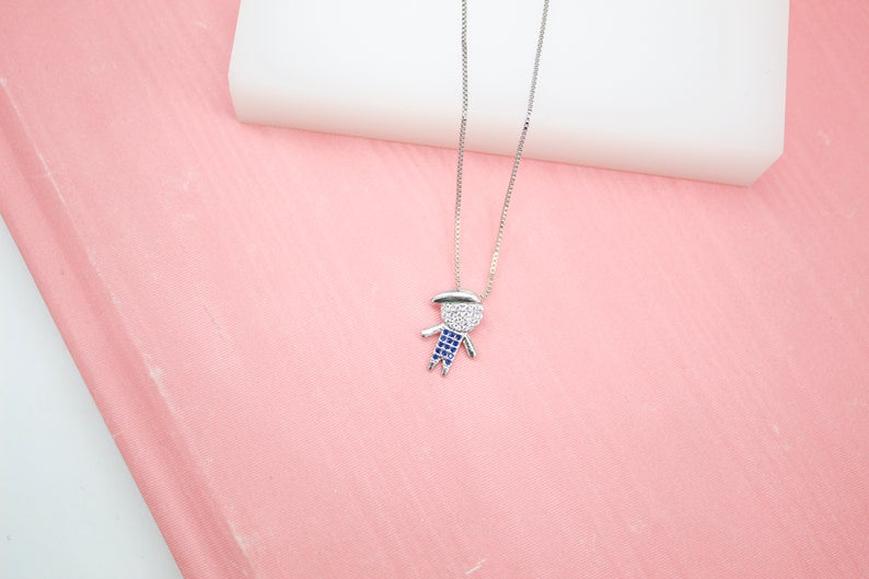 18K Gold Filled Boy & Girl Pendant With CZ Clear Stones Dainty Delicate Box Chain Necklace (G159)