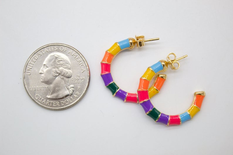 18K Gold Filled Colorful Enamel Open Hoop Stud Earrings (L55)