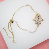 18K Gold Filled Adjustable Box Chain Bracelet With MutliColor and Clear CZ Stones On A Hand of Hamsa Charm (I141)