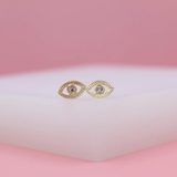 18K Gold Filled Textured Evil Eye Stud Earrings With Clear CZ Stones