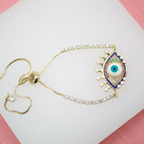 8K Gold Filled Adjustable Box Chain Bracelet With MutliColor and Clear CZ Stones On A Evil Eye Charm (I141)