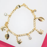 18K Gold Filled Dangle Elephant CZ Stone Leaf Charm Bracelet (XX15)