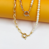 18K Gold Filled Pearl Necklace | Paperclip Chain Necklace | Pearl Necklace | Half Gold Half Pearl Necklace (F10)(I146)