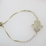 18K Gold Filled Adjustable Box Chain Bracelet With Clear CZ Stones On A Hamsa Hand Charm