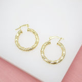 18K Gold Filled Textured 4mm Slim Hoops Lever Back Hoop (J124-126)