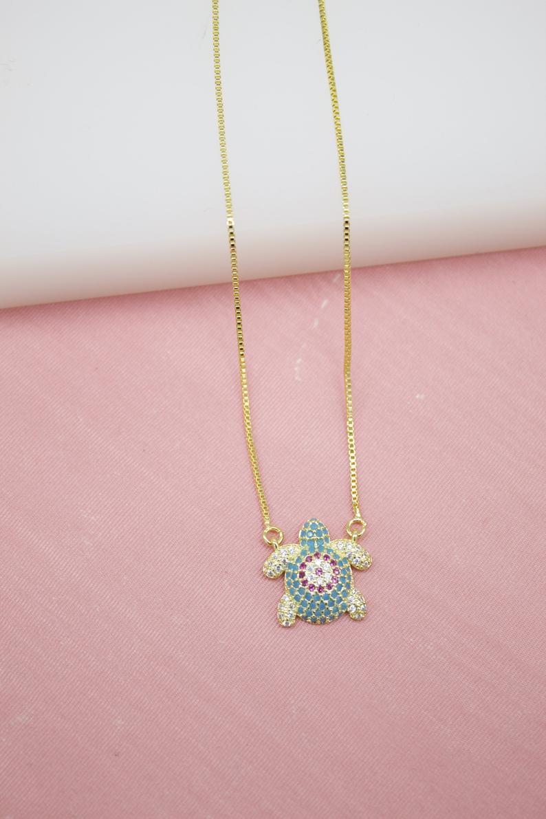 18K Gold Filled Sea Turtle Pendant Dainty Delicate Necklace With Clear Cubic Zirconia Stones