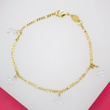 18K Gold Filled Dangle Clear CZ Leaf Clover Figaro Bracelet