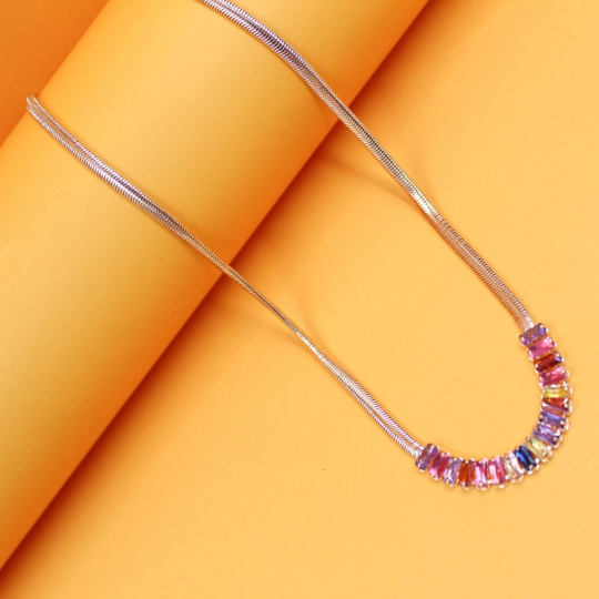 18k Gold Filled Baguette Multicolor/Clear Zirconia Stone Necklace (H131)