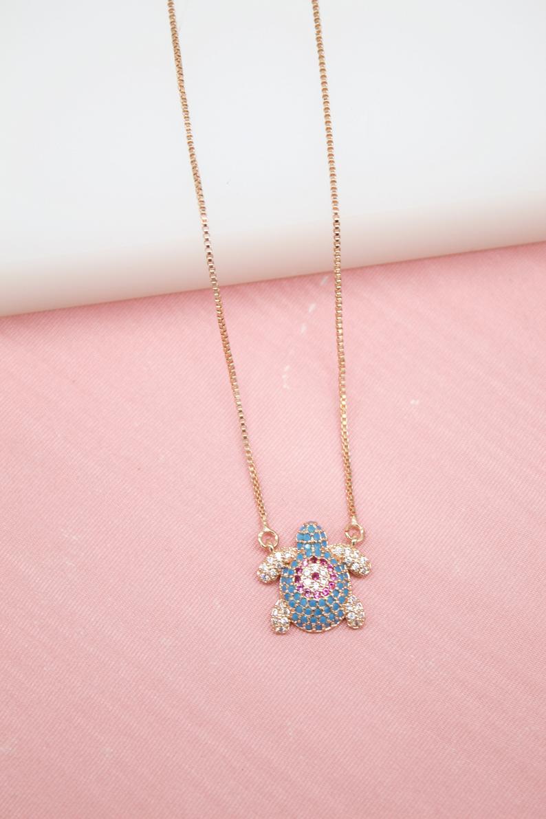 18K Gold Filled Sea Turtle Pendant Dainty Delicate Necklace With Clear Cubic Zirconia Stones